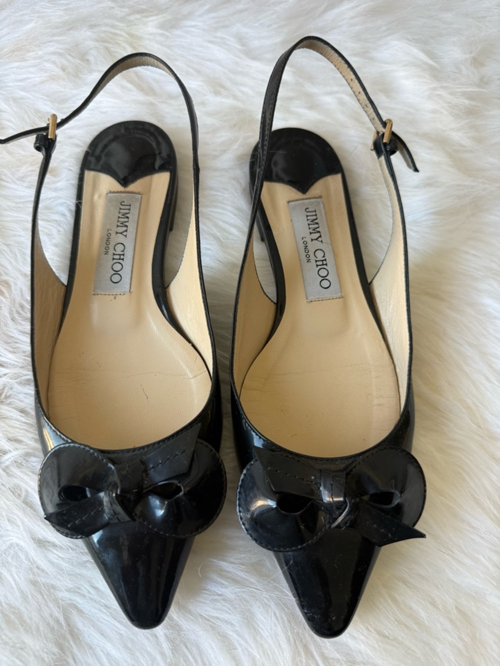 Jimmy Choo Black Patent Leather Blare Bow Slingback Flats